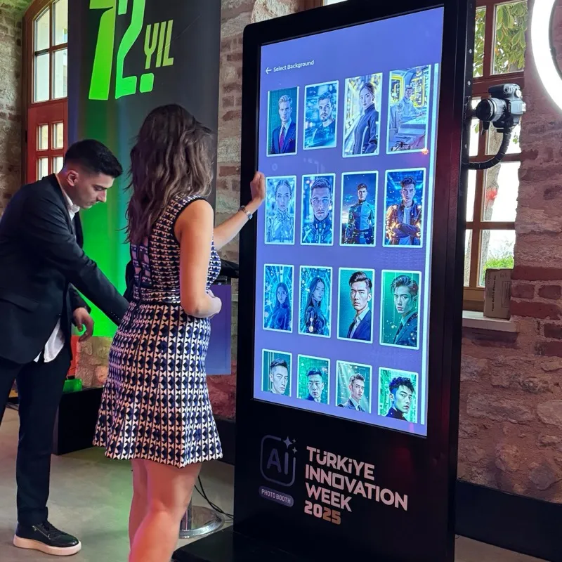 Guests choosing AI styles on an AI Photo Booth Pro kiosk at Turkiye Innovation Week